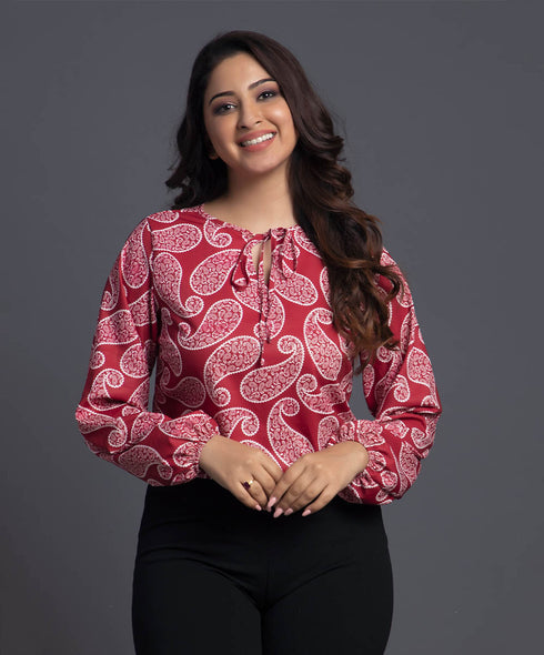 Red Long Sleeve Printed Neck Tie Top